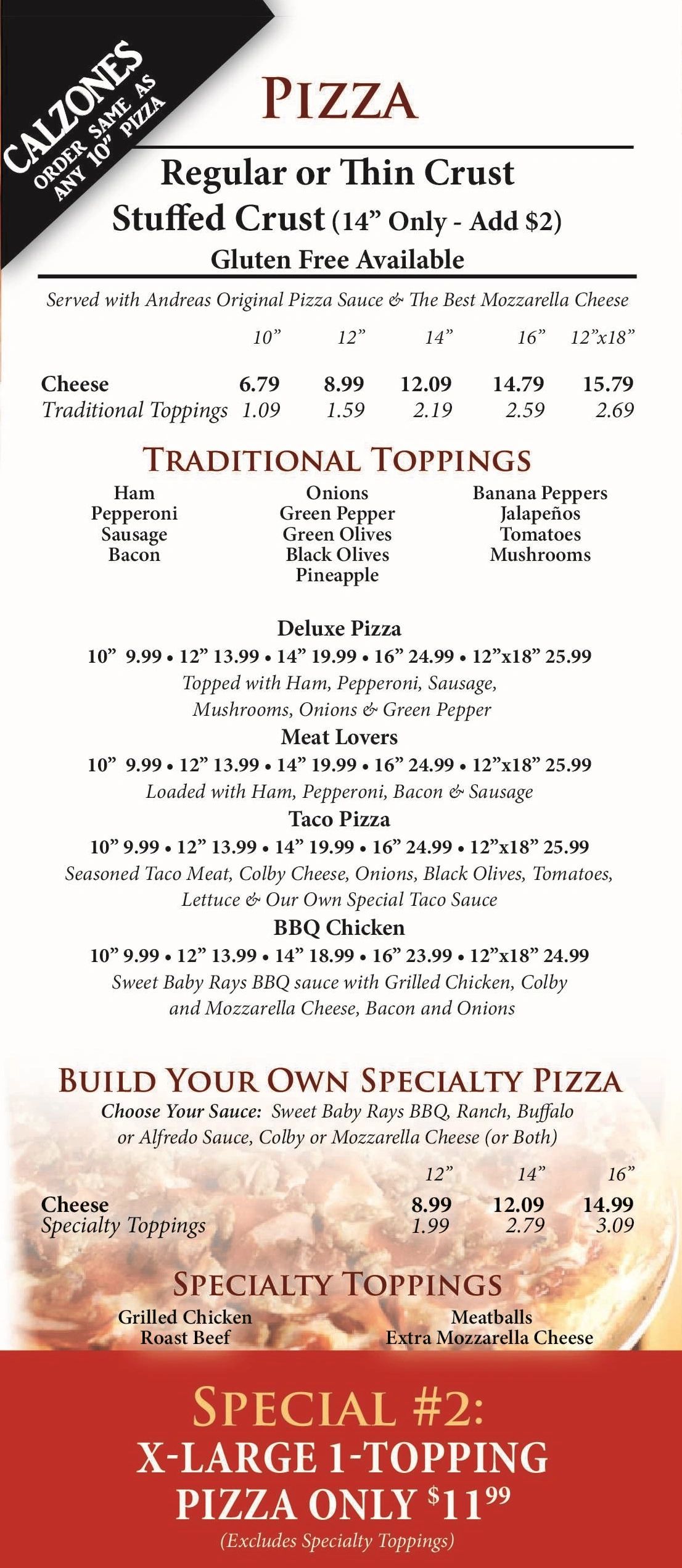ONLINE MENU Andreas Pizza Grant, MI ORDER NOW Italian Restaurant
